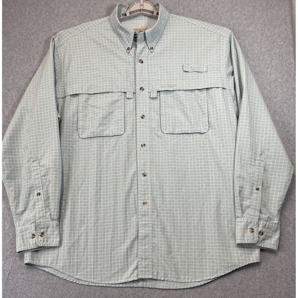 L.L. Bean Mens Checkered Fishing Shirt, Long Sleeve Mens L Reg (Blue) OXY09